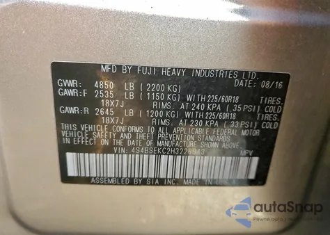 2017 Subaru Outback 3.6R Limited from USA, damaged, VIN 4S4BSEKC2H3226943